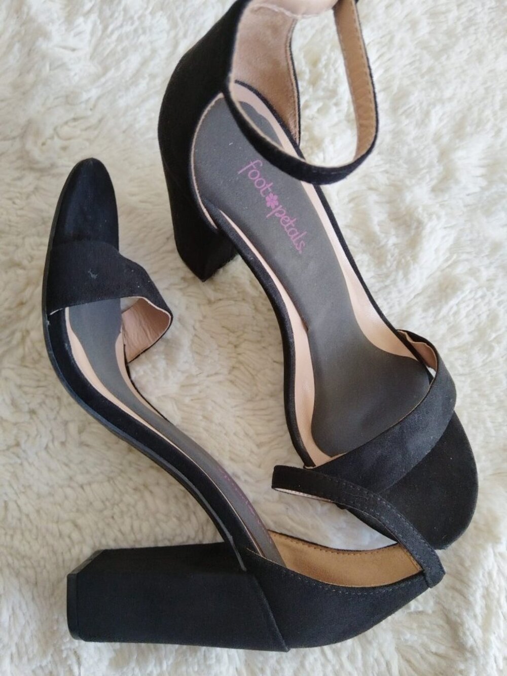 Black Suede Ankle Strap Block Heels Sandals - Size 8 (With Foot Petals Cushions)